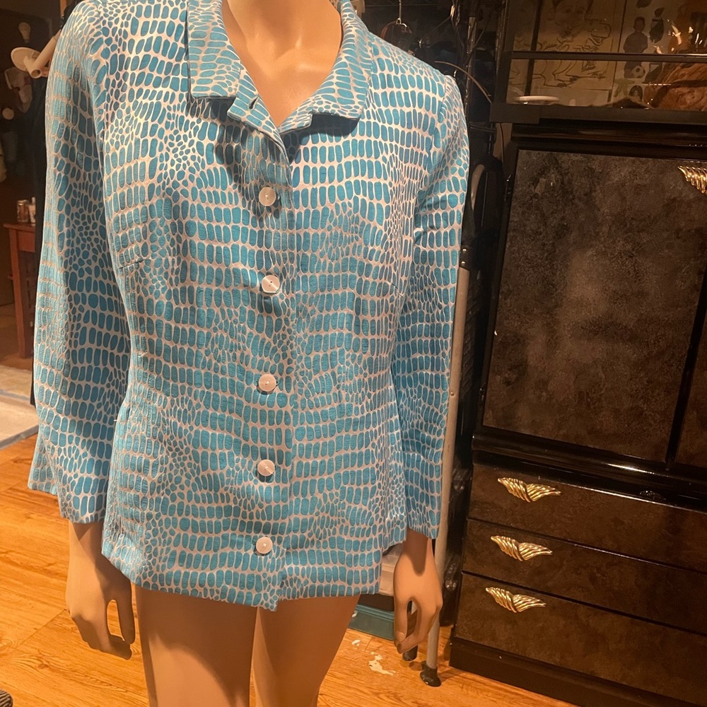 Blue and White Button-Up Blouse